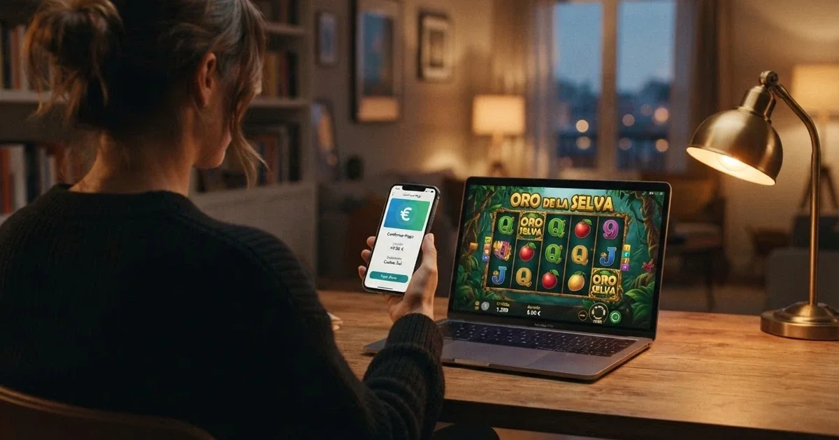 Jugador sosteniendo un móvil con la app CaixaBank Pay abierta frente a una pantalla con un casino online, primer plano de ambas pantallas encendidas