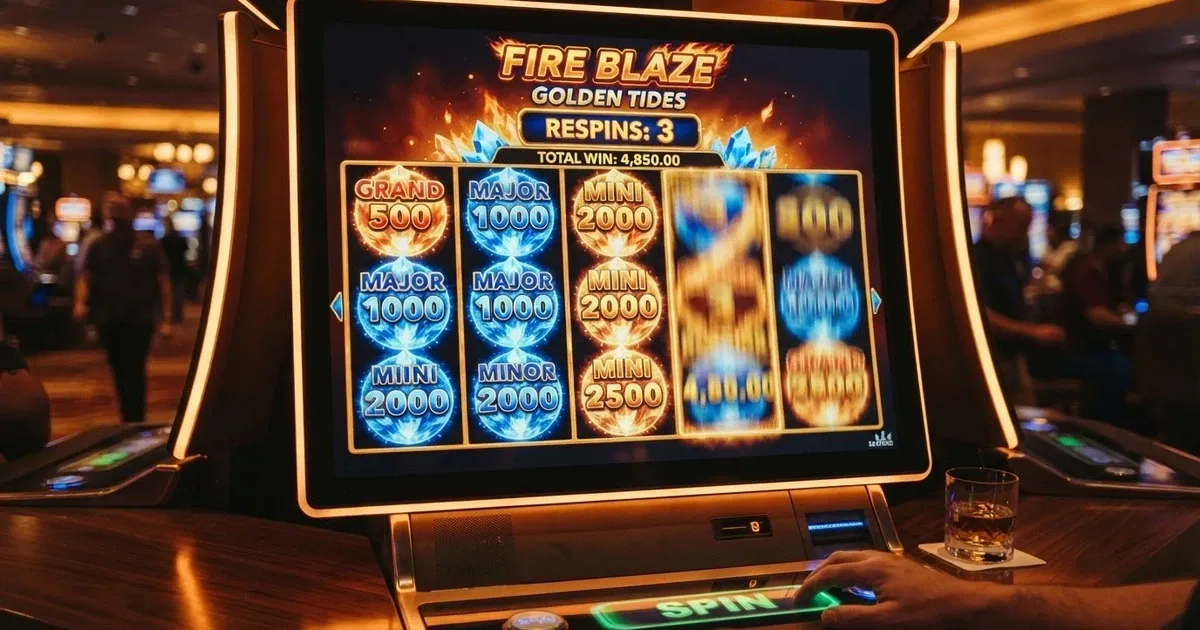 Pantalla de una tragaperras Fire Blaze con los carretes activos y símbolos de bonificación de cristal visibles