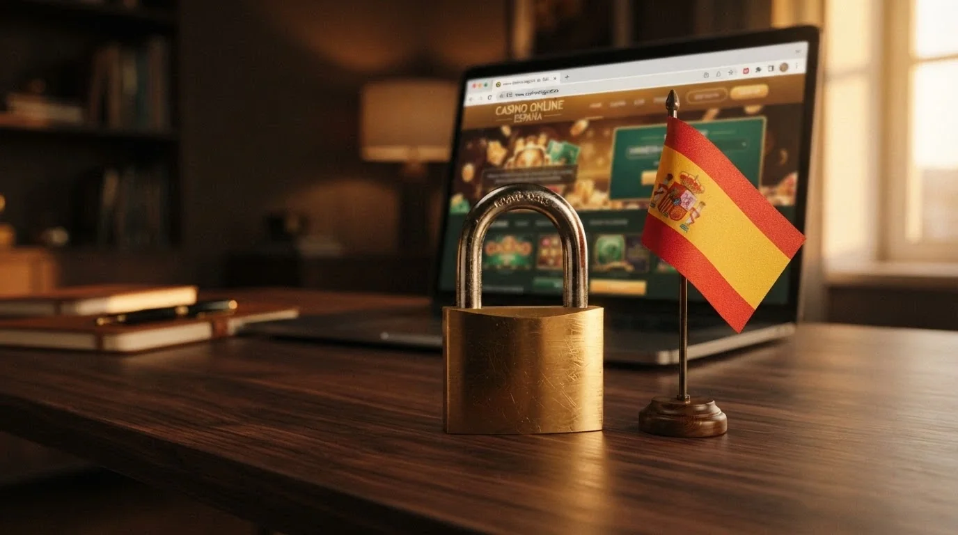 Candado de seguridad y la bandera de España junto al dominio .es y el texto «Protección DGOJ», sobre un fondo de pantalla de casino online en tonos oscuros