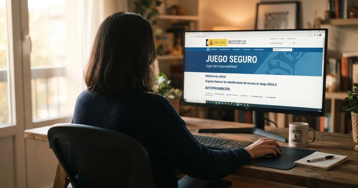 Un jugador frente a la pantalla de un ordenador consultando la web de la DGOJ en ordenacionjuego.es, con el texto «juego seguro» visible en la interfaz
