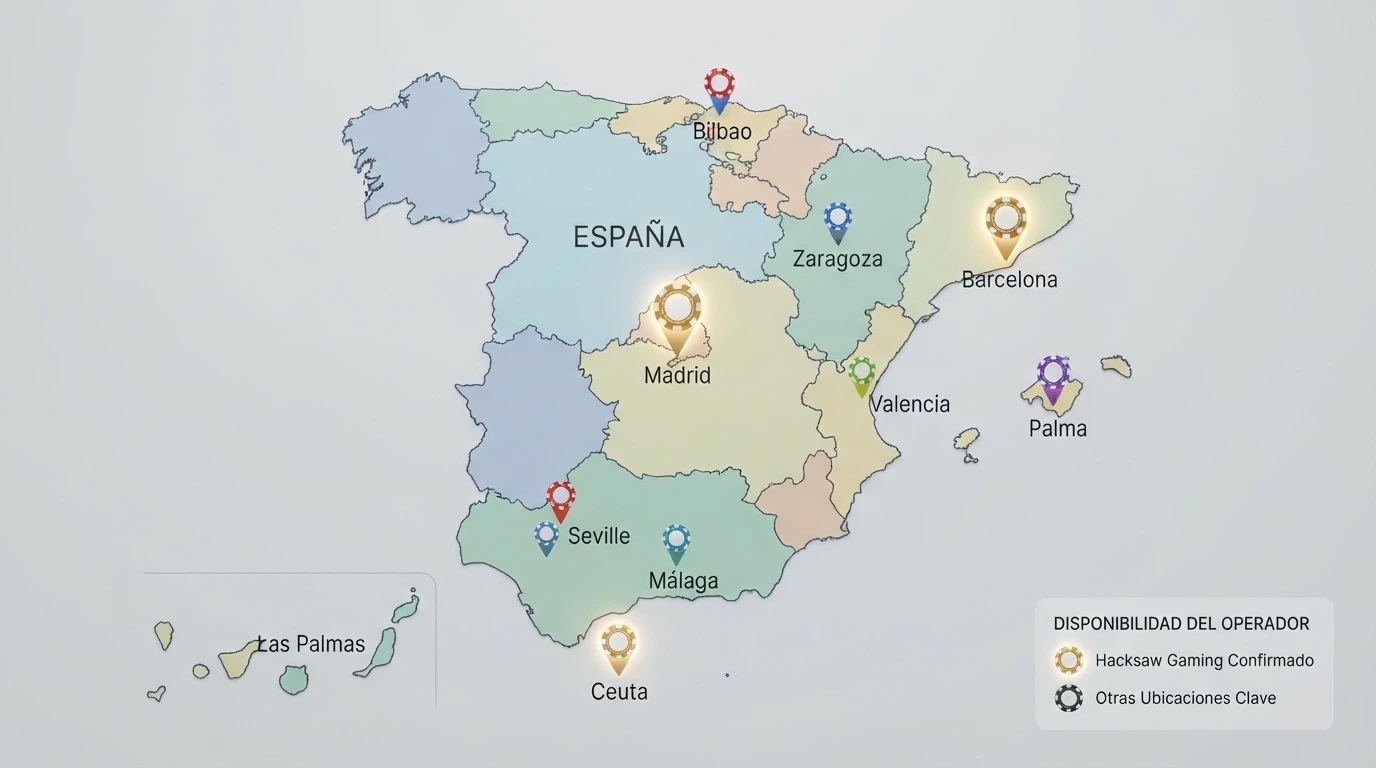 Mapa de España con diez pines sobre las ciudades sede de los operadores, cada uno con el logo de su casino