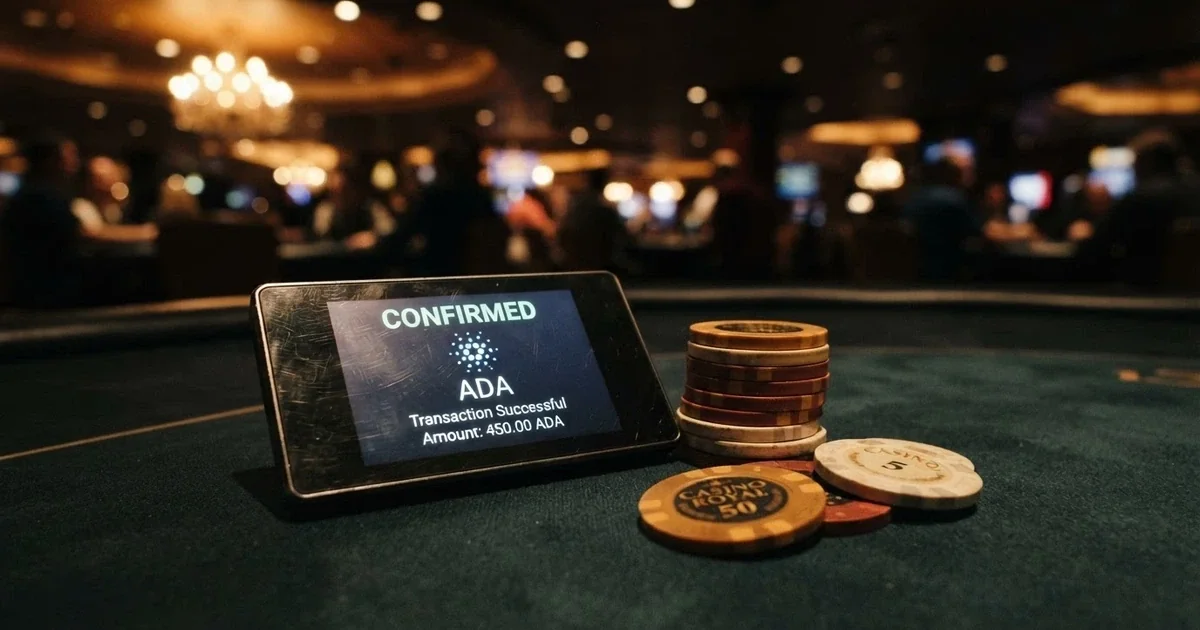 Cartera digital de Cardano mostrando el token ADA junto a fichas de casino sobre una mesa de juego