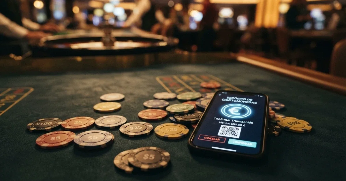 Monedas de XRP sobre una mesa de casino online con una pantalla mostrando la interfaz de depósito en criptomonedas