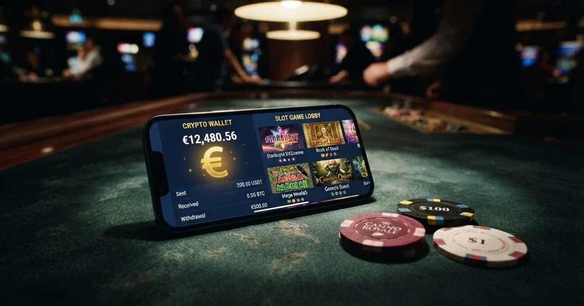 Cartera digital con el logotipo de Solana sobre una mesa de casino virtual, pantalla dividida entre la interfaz de wallet y un lobby de casino online