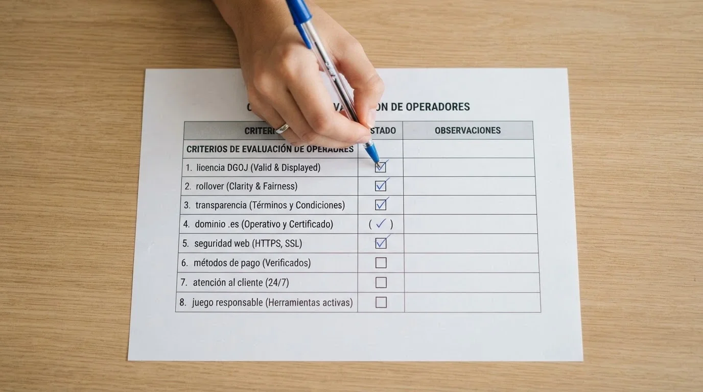 Mano marcando con bolígrafo una lista de verificación con criterios como «licencia DGOJ», «rollover», «transparencia» y «dominio .es»