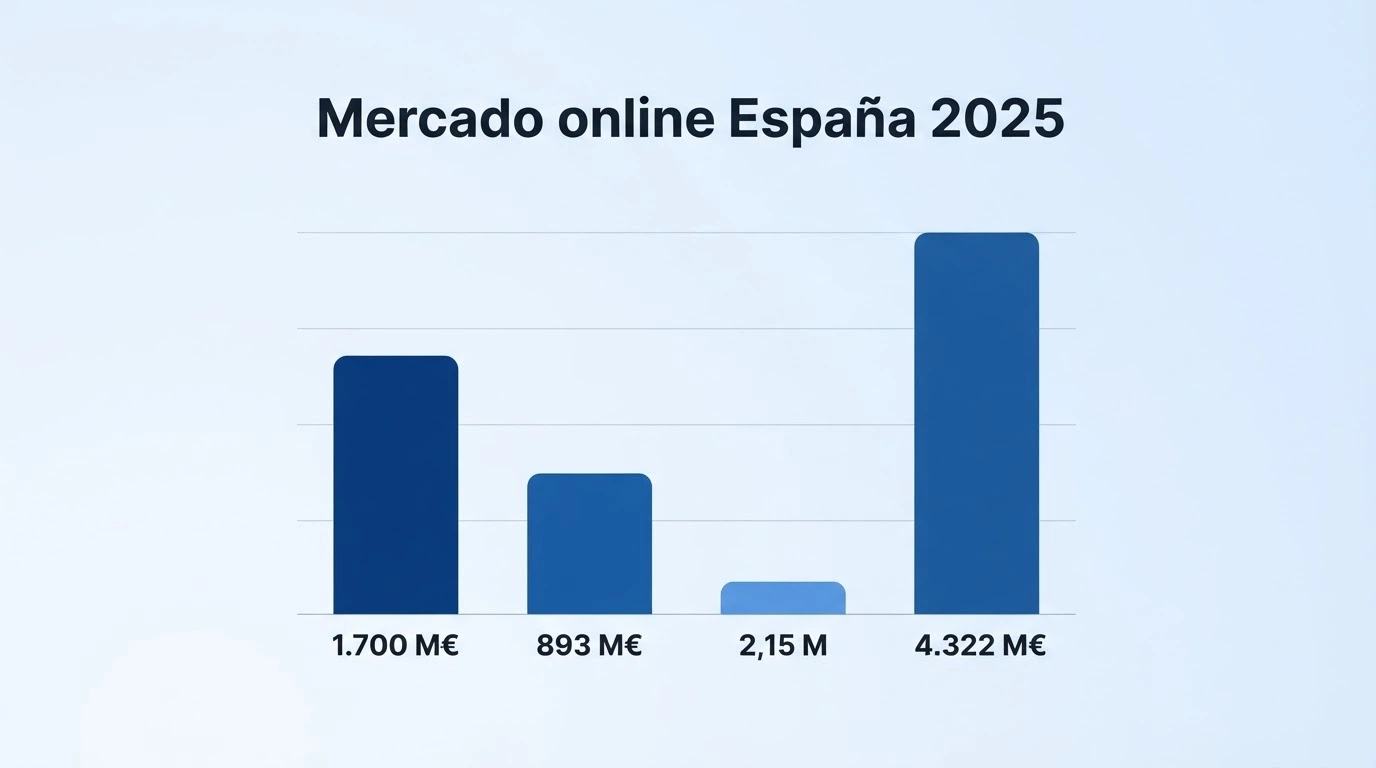 Gráfico de barras con las cifras clave del mercado de juego online en España: GGR total, GGR casino, jugadores activos y depósitos en 2025