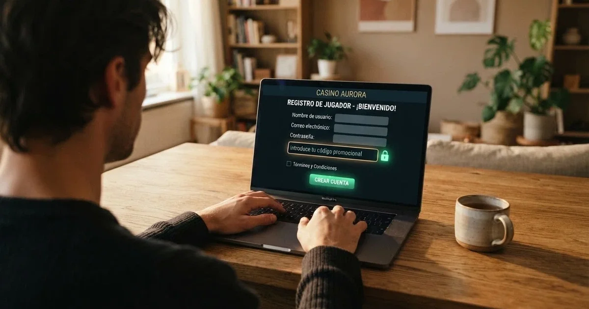 Pantalla de un casino online español mostrando el campo «introduce tu código promocional» durante el proceso de registro, con la interfaz en castellano y un candado de conexión segura visible.