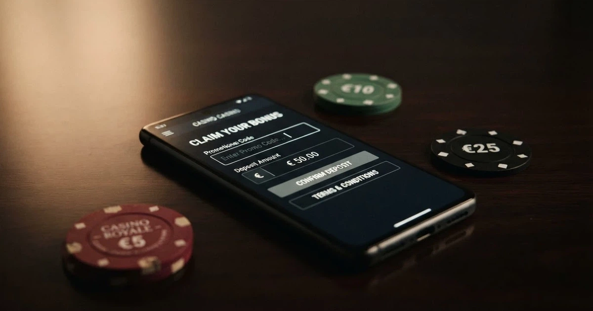 Primer plano de una pantalla de casino online mostrando un campo de código promocional junto a fichas de póker y una tarjeta de crédito
