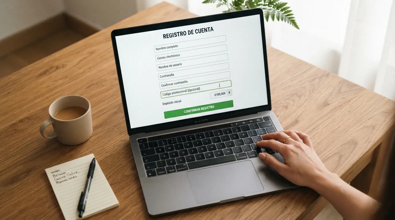 Manos sobre un teclado introduciendo un código en el campo promocional de la pantalla de registro de un casino online