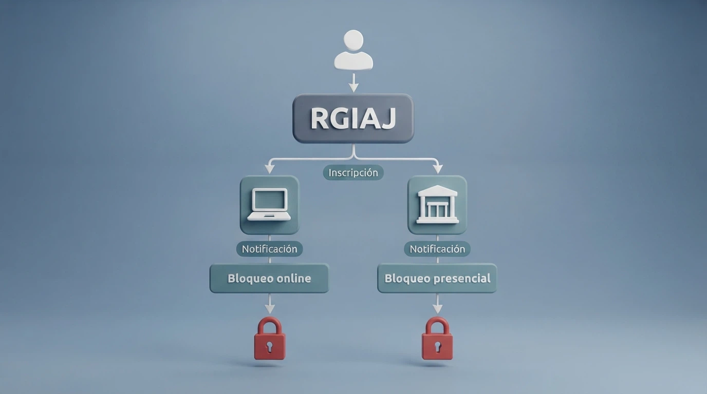Diagrama del flujo del RGIAJ: inscripción, notificación a operadores, bloqueo de acceso al juego online y presencial