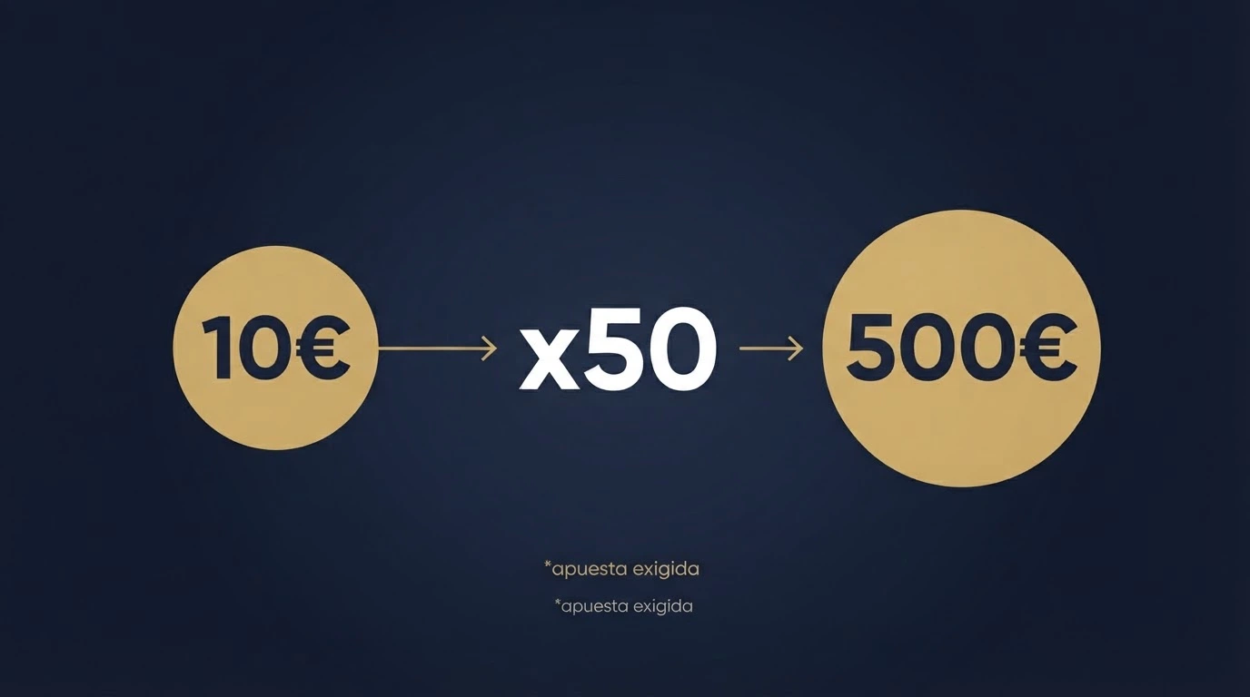 Infografía simplificada que muestra el recorrido de un bono de 10€ con rollover x50: 10€ se convierten en 500€ de apuesta exigida antes de poder retirar