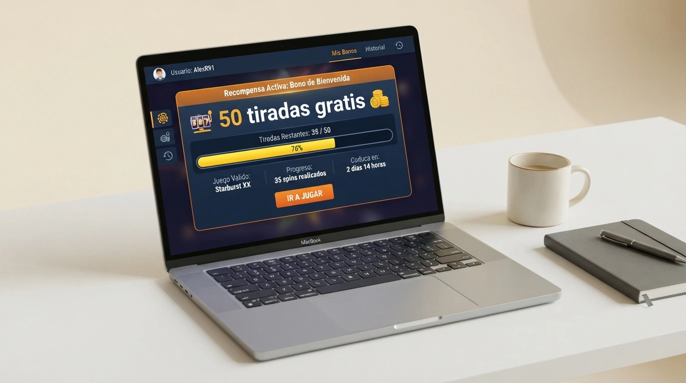 Inerfaz de un casino online con la sección de bonos activos mostrando «50 tiradas gratis» disponibless