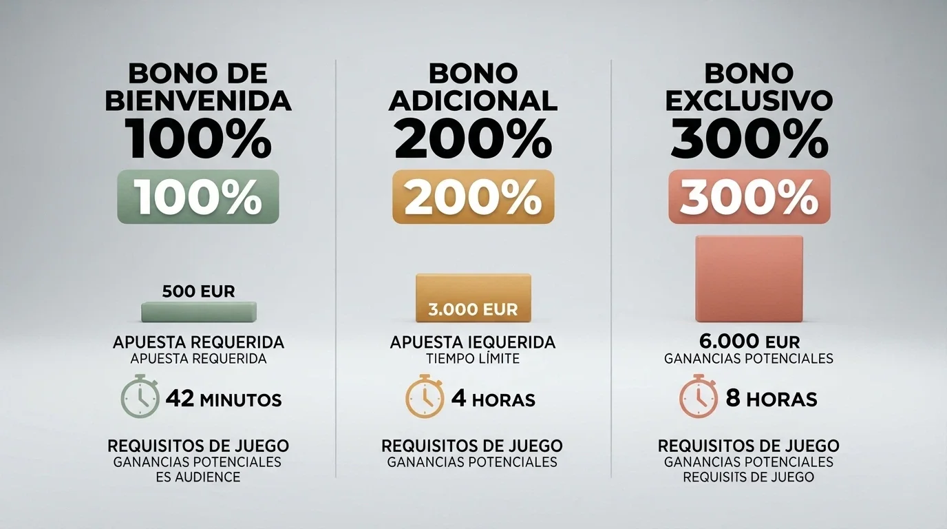 Tres columnas con escenarios de bono al 100%, 200% y 300% mostrando el depósito, el bono, el rollover y el coste real de liberación