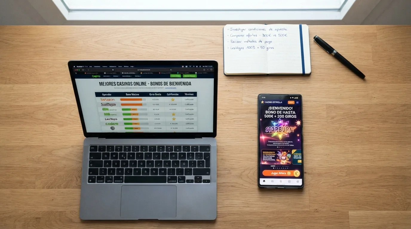 Vista cenital de una mesa con un portátil mostrando una tabla comparativa de casinos y un móvil con la app de un operador abierta