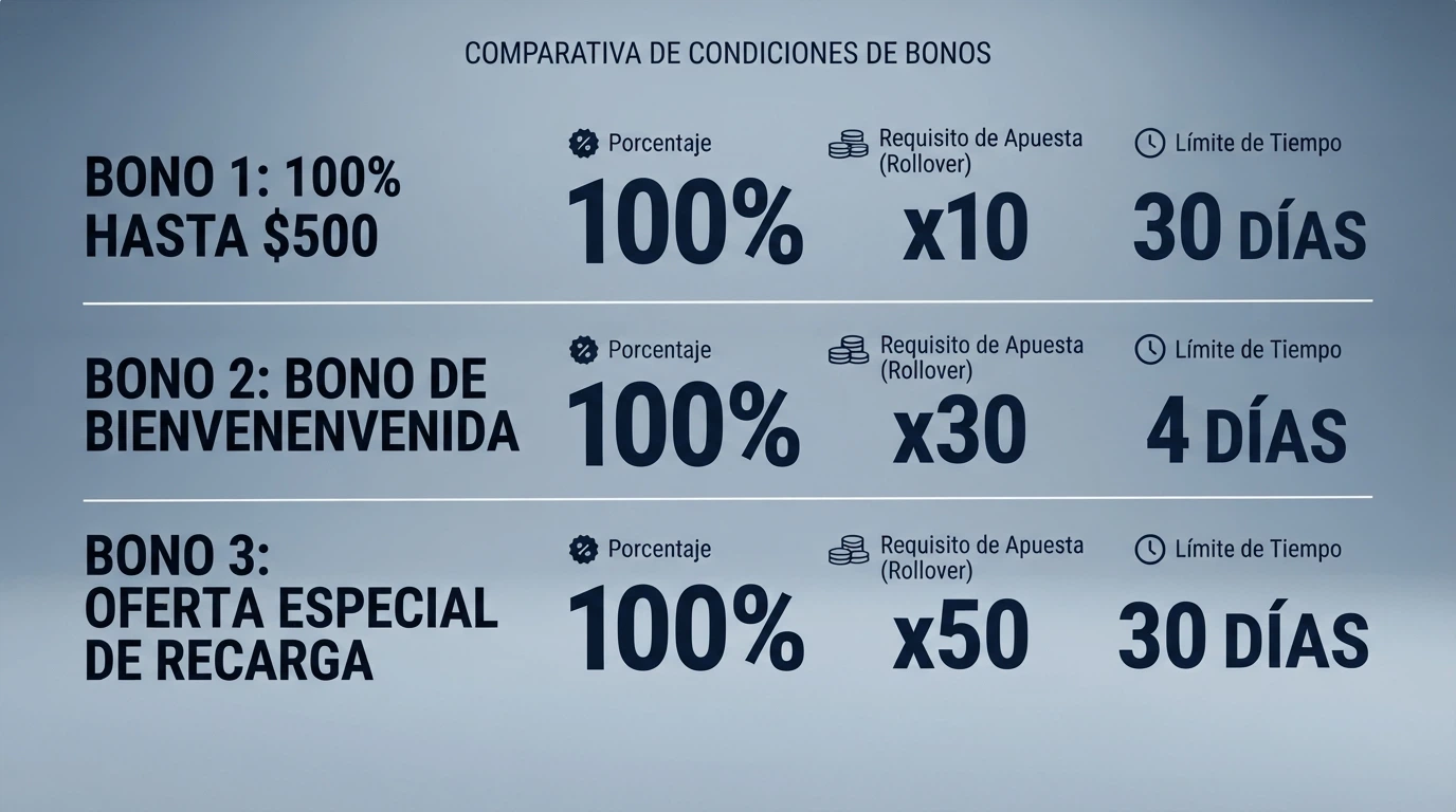 Una tabla con los operadores de casino con licencia DGOJ y sus condiciones de bono de bienvenida