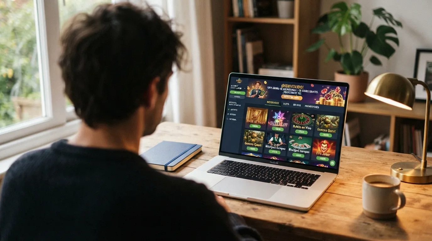 Interfaz de comparación de casinos online con columnas de bono, rollover y ganancia máxima