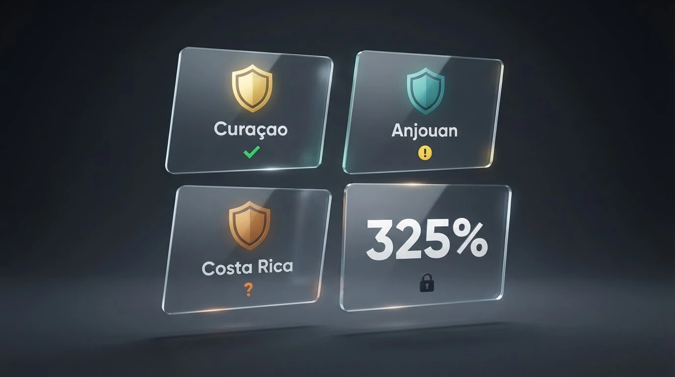 Tabla comparativa con logotipos de casinos cripto, columnas de licencia, bono de bienvenida y símbolo de verificación o candado junto a cada nombre