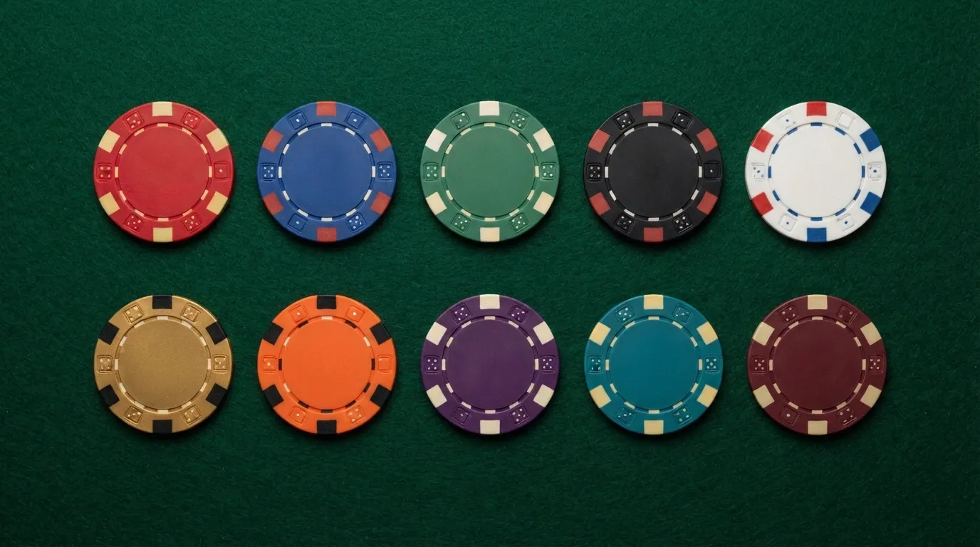 Vista cenital de diez fichas de casino con los logotipos de los operadores revisados, ordenadas en una cuadrícula.