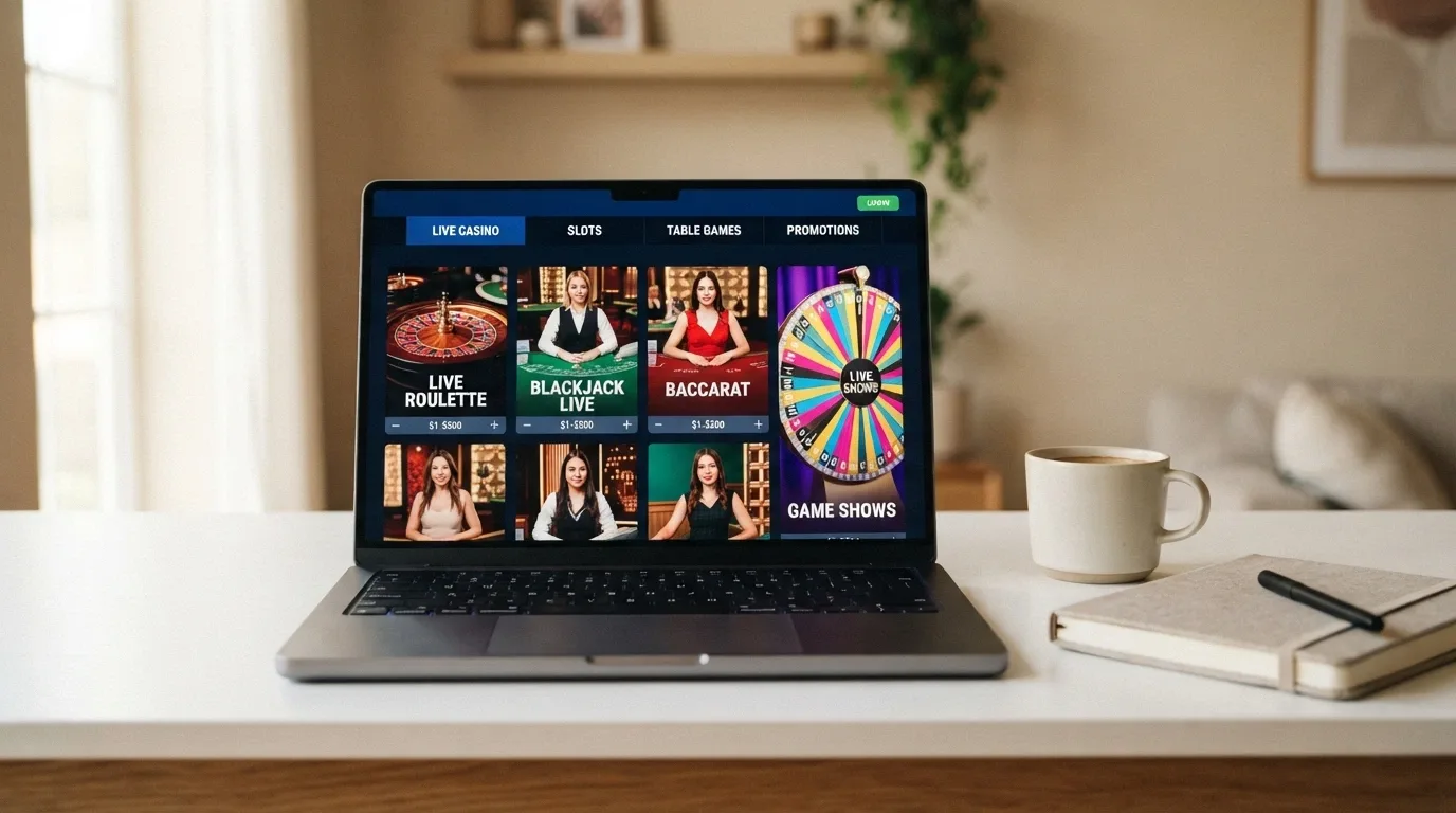 Vista panorámica del lobby de un casino online español con la sección de casino en vivo destacada y los logotipos de varios operadores DGOJ visibles