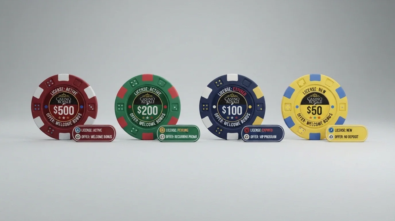 Vista comparativa de fichas de casino con distintivos de licencia, ofertas sin depósito y logotipos de proveedores alineados en columnas
