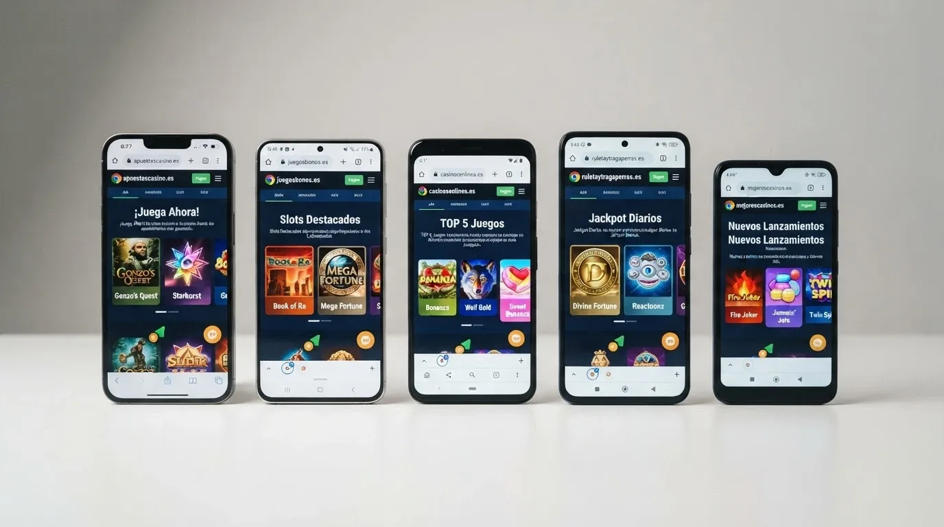 Varios teléfonos alineados mostrando cada uno la pantalla de inicio de una app de casino diferente con el dominio .es visible