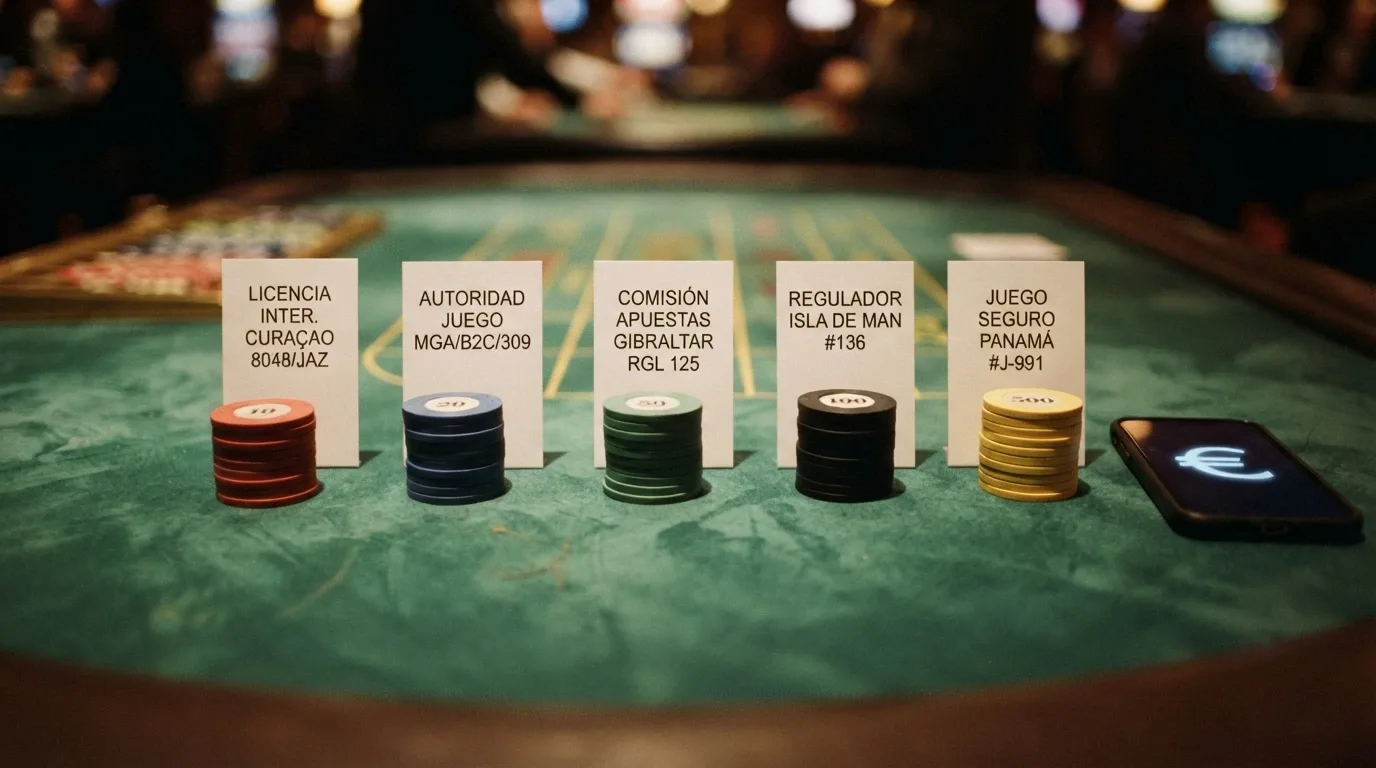 Una pantalla dividida con las fichas de varios casinos online, destacando los logotipos de licencia, bono y criptomonedas aceptadas