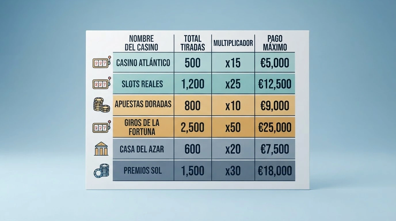 Tabla comparativa con las columnas de casino, tiradas gratis, rollover y ganancia máxima sobre un fondo azul corporativo