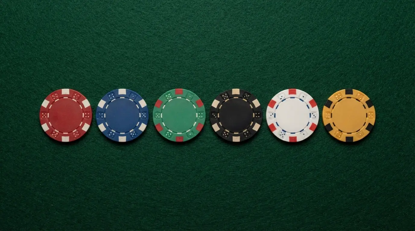 Vista cenital de una mesa con varias fichas de casino de distintos colores alineadas, cada una con el logo de un operador español