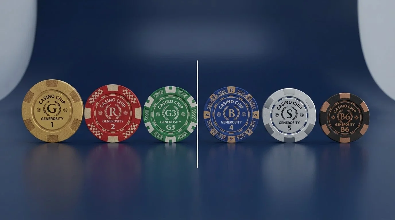 Tabla comparativa con fichas de casino alineadas, cada una con un valor distinto de bono y rollover, ordenadas de menor a mayor exigencia