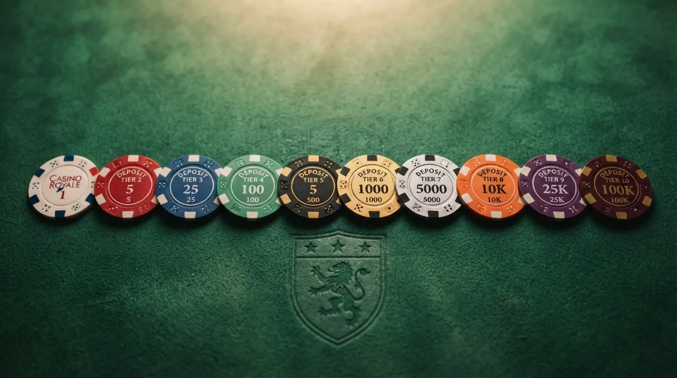 Diez fichas de casino alineadas mostrando distintos valores de depósito (1 €, 5 €, 10 €, 20 €), con el logo de la DGOJ como marca de agua de fondo