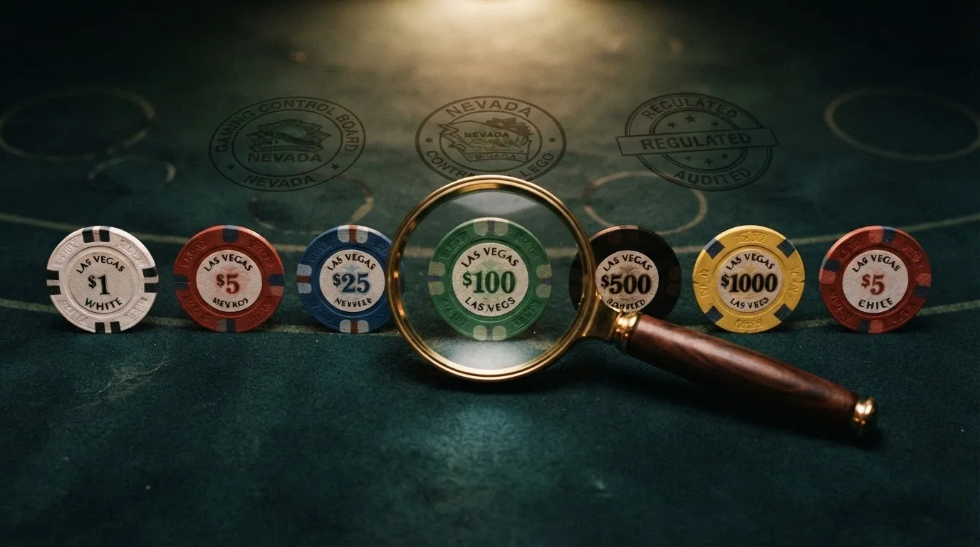 Varias fichas de casino alineadas con banderas de licencias oficiales y una lupa sobre una de ellas mostrando el sello DGOJ