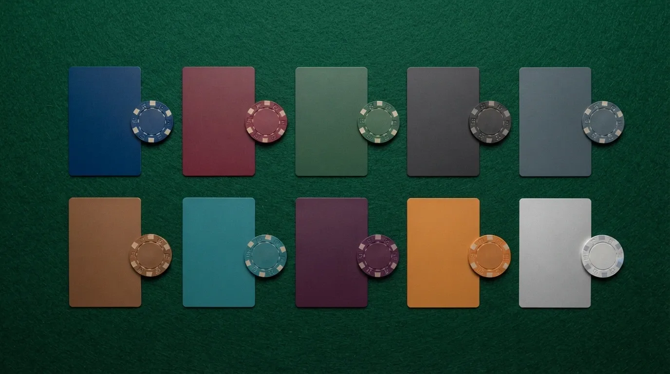 Vista cenital de una mesa con diez tarjetas de casino alineadas, cada una con el logotipo de un operador y una ficha de color distinto