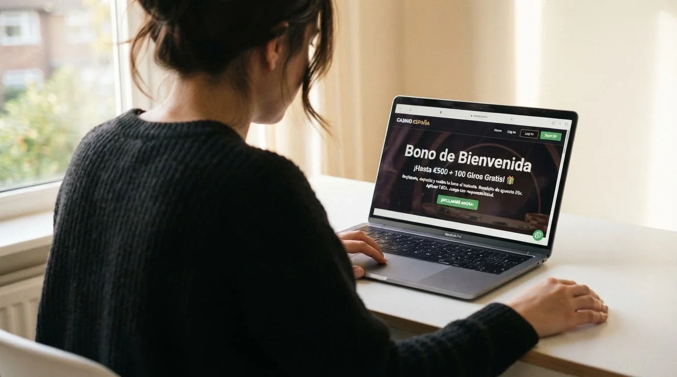 Jugador consultando los términos de un bono de bienvenida en la pantalla de un casino online español