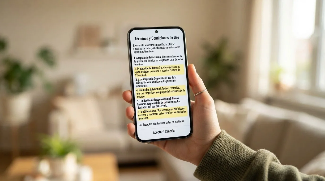 Primer plano de unos términos y condiciones de bono en la pantalla de un móvil, con las líneas de rollover, plazo y apuesta máxima subrayadas digitalmente