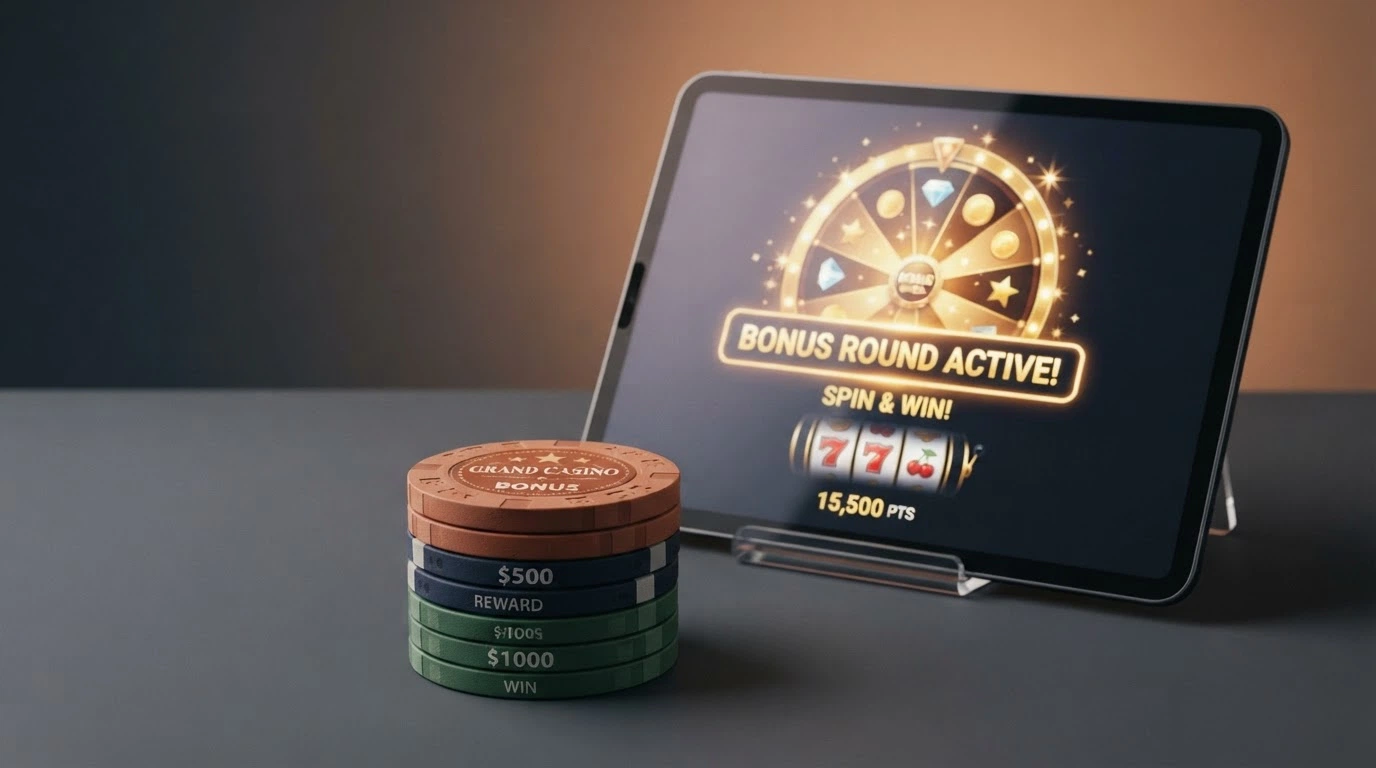 Fichas de casino apiladas junto a una pantalla que muestra una ronda de giros gratis activa