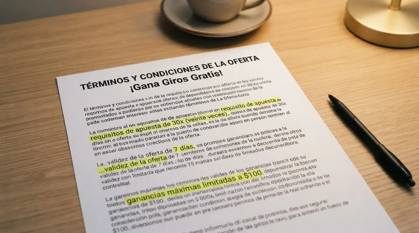 Primer plano de los términos y condiciones de una promoción de giros gratis con el rollover, la validez y la ganancia máxima resaltados