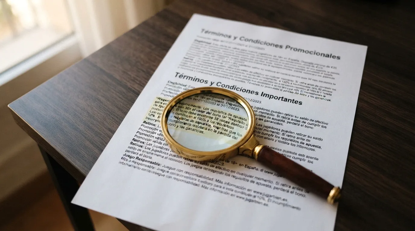 Primer plano de un documento con condiciones de bono y una lupa destacando la cláusula de requisitos de apuesta
