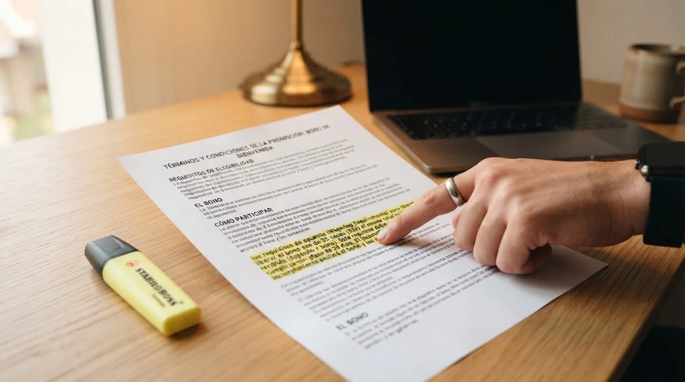 Primer plano de los términos y condiciones de una promoción de tiradas gratis con el apartado de requisitos de apuesta subrayado en amarillo