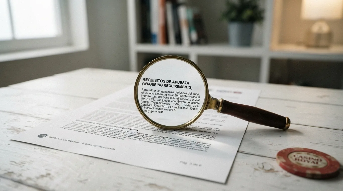 Primer plano de unos téminnos y condiciones de bono con una lupa sobre la sección de «requisito de apuesta»