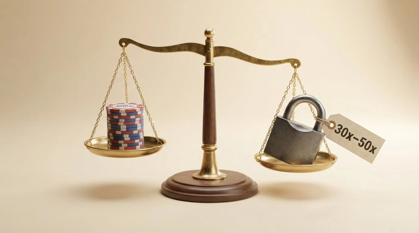 Una balanza con un fajo de billetes en un platillo y un candado con la etiqueta «wagering 30x–50x» en el otro, desequilibrada hacia el candado