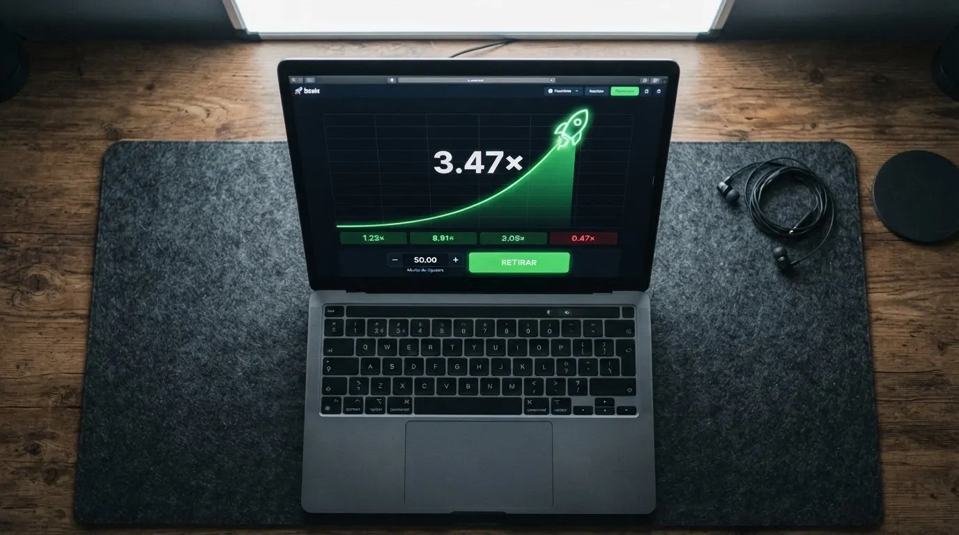Pantalla del juego Aviator con el multiplicador subiendo en tiempo real, el botón de retirar y el historial de rondas anteriores visible en la parte inferior