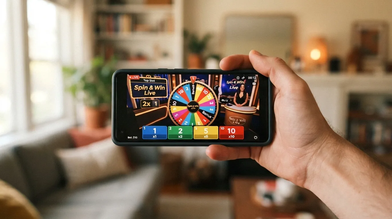 Un teléfono móvil mostrando la interfaz de apuestas de Crazy Time de Evolution en orientación horizontal, con los cuatro números y el Top Slot visibles