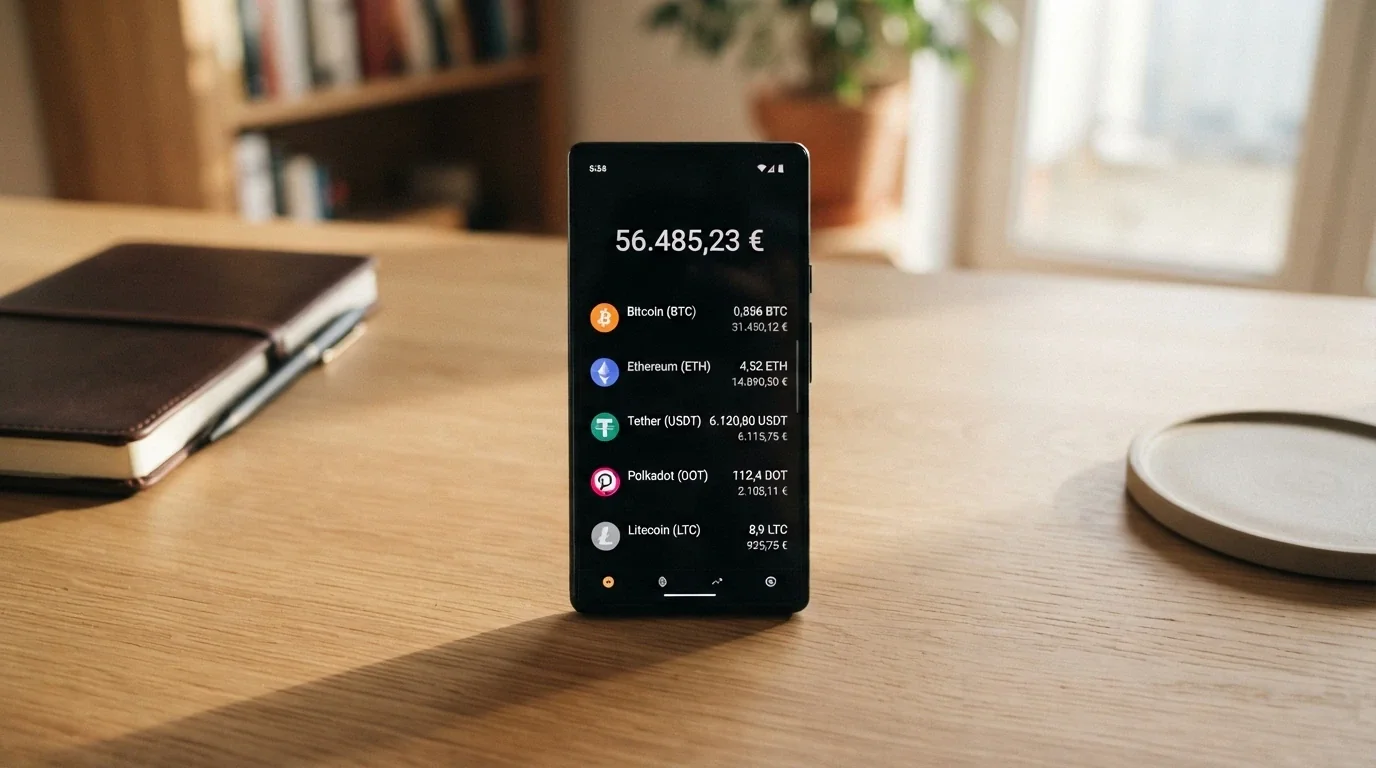 Monedero cripto mostrando saldos en Bitcoin, Ethereum, USDT, Solana y Litecoin junto al logotipo de un casino cripto en segundo plano