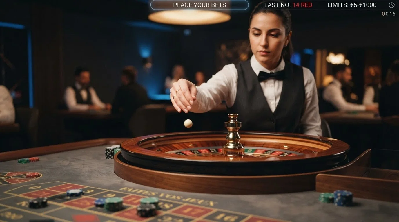 Primer plano de un crupier de Evolution accionando la ruleta en una mesa de casino en vivo con la interfaz de apuestas superpuesta en pantalla