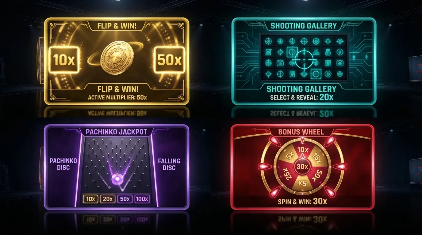 Las cuatro pantallas de bonificación de Crazy Time — Coin Flip, Cash Hunt, Pachinko y la rueda Crazy Time — con sus multiplicadores activos
