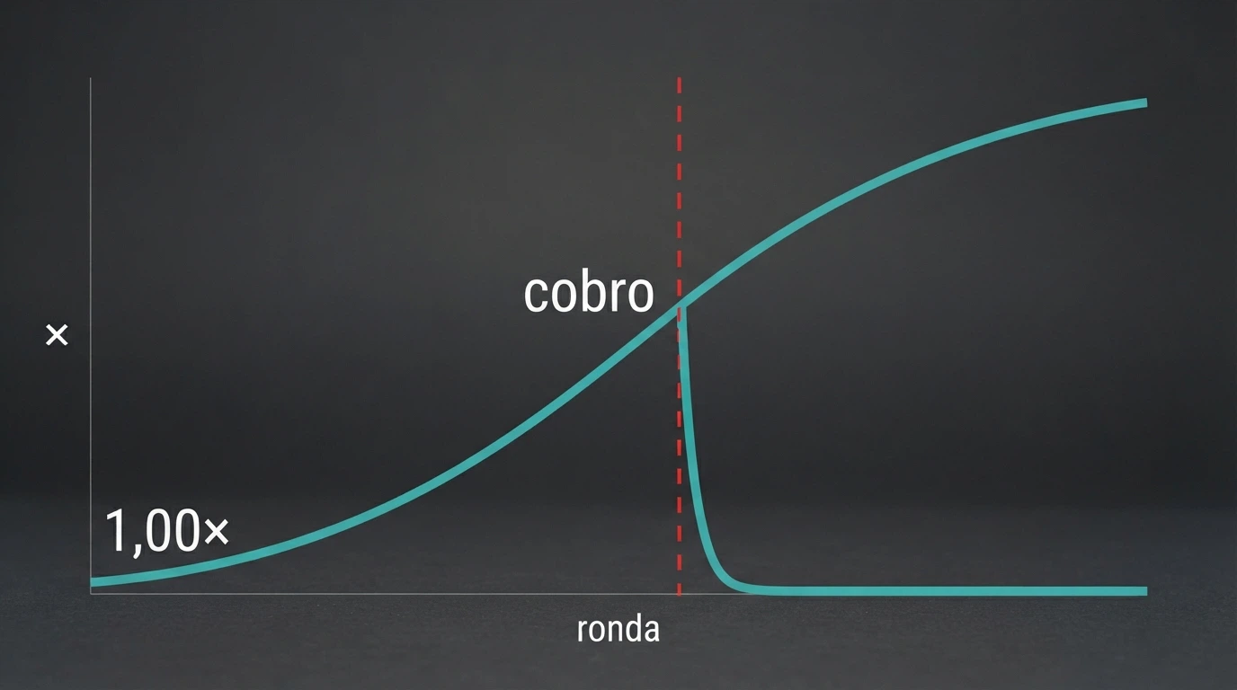 Gráfico de una curva de multiplicador de Aviator mostrando el punto de cobro antes del desplome