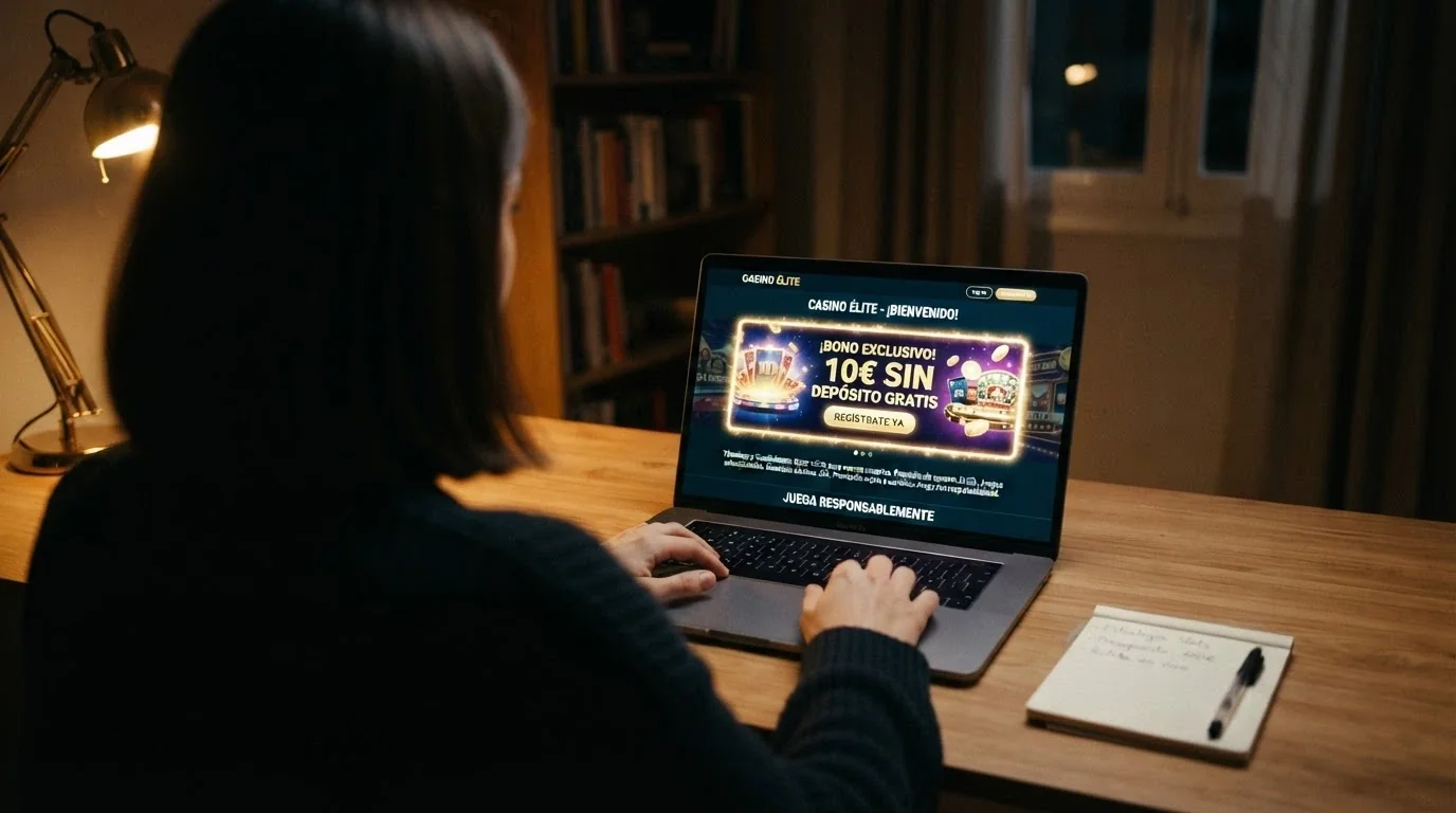 Un jugador ante la pantalla de un casino online español sopesando la oferta de bono sin depósito mientras consulta las condiciones en el mismo dispositivo