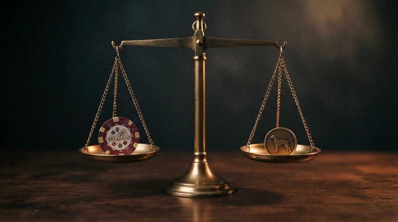Balanza metálica con una ficha de casino en un platillo y el símbolo Ð de Dogecoin en el otro, sobre un fondo oscuro.