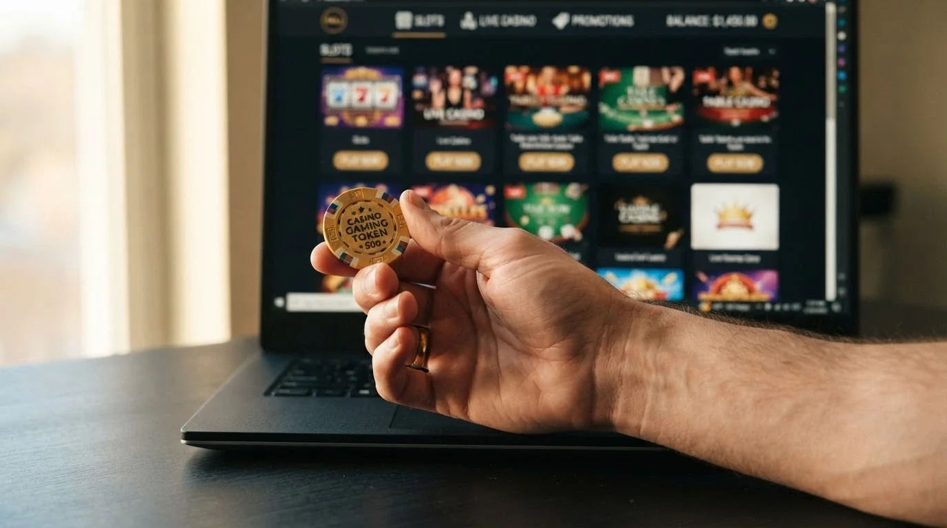 Un primer plano de una mano sujetando una ficha de casino de 1€ frente a una pantalla donde se ven varios logos de casinos con dominio .es, en actitud de elegir