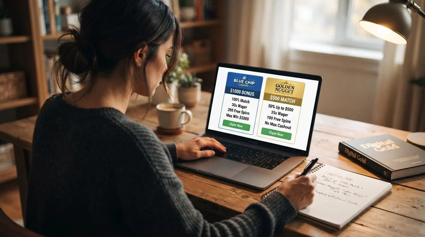 Jugador frente a una pantalla comparando las condiciones de dos ofertas de giros gratis, con un bloc de notas al lado